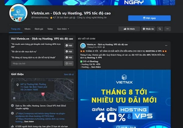 Fanpage quảng bá dịch vụ Hosting, VPS tốc độ cao của Vietnix.vn 