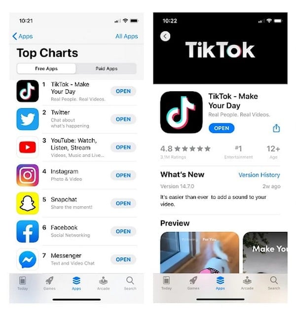 TikTok là ứng dụng phổ biến và đã đứng top 1 về số lượt tải xuống được một thời gian dài