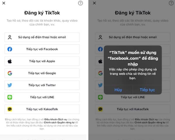 Chọn bất kỳ mạng xã hội nào đó để đăng ký tài khoản Tiktok